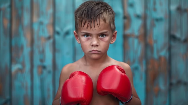 Focused Caucasian Boy in red boxing gloves. Young boxer ready to train. Child boxer. Concept of healthy lifestyle, fitness training, childhood activity, physical education photo