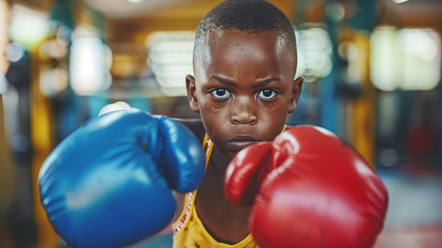 African American kid boxer in gym space. Boy in boxing gloves practicing boxing punches. Concept of physical education, youth sports, childhood activity, active lifestyle, energetic pastime photo