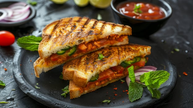 Two sandwiches with a side of salad and a bowl of sauce photo