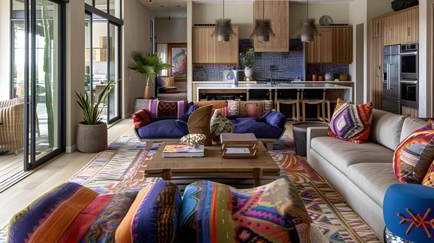 Cozy and Vibrant Modern Home Interior with Rustic Accents and Colorful Furnishings photo