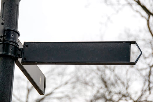 Sign pointers with inscriptions against the blue sky. photo