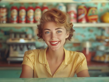 A beautiful young woman with short blonde hair and blue eyes smiles at the camera. She is wearing a yellow blouse with white stripes. The background is a green wall with shelves of colorful cans. photo