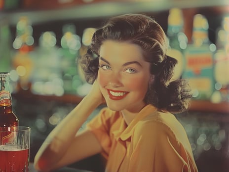 A beautiful young woman in a yellow blouse smiles at the camera while leaning on a bar counter with a bottle and glass of soda. photo