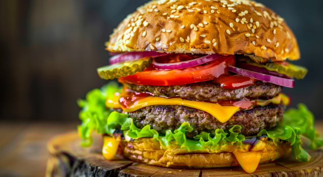 Homemade bacon burger with lettuce cheese onion and tomato on rustic wooden table photo