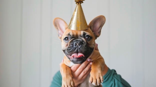 Small Dog Wearing Gold Party Hat photo