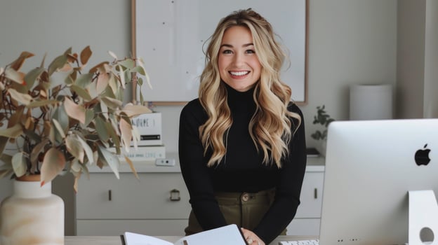 Woman Standing in Front of Laptop Computer photo