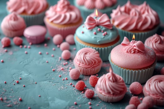 Delectable Cupcakes with Pastel Frostings Amidst Candies and Ribbons on a Textured Background photo