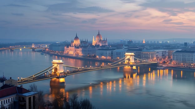 Iconic bridge spanning a large river photo