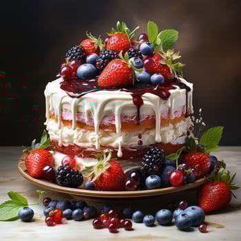 Cake With Icing, Decorated With Various Berries photo