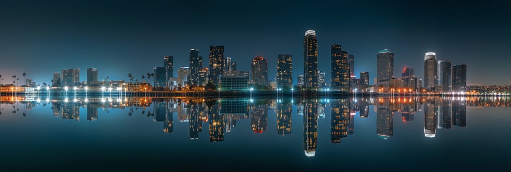 City skyscrapers mirrored in liquid skyline at night photo