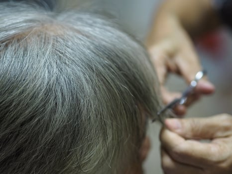 cut grey hair woman aduit photo
