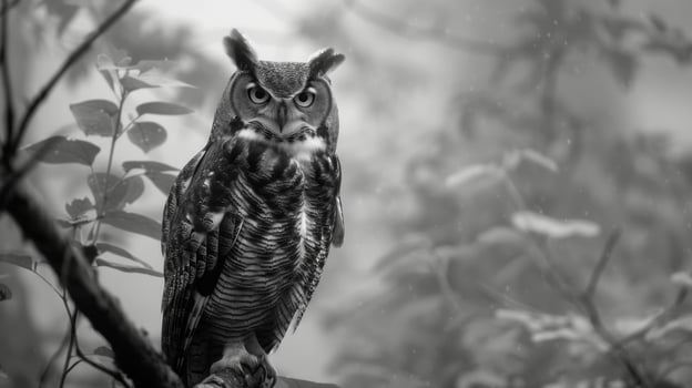 Black and White Photo of Owl in Wilderness