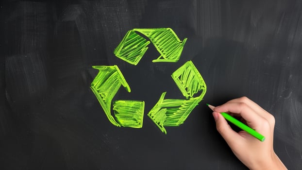Hand Drawing Green Recycling Symbol on Blackboard photo
