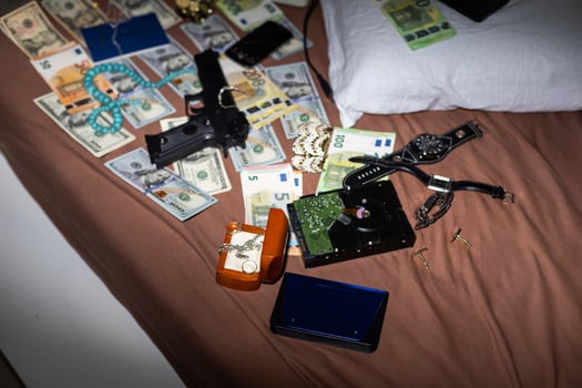 Flat lay composition with evidences and crime scene markers on background photo