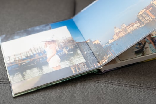 view open book with album at home photo
