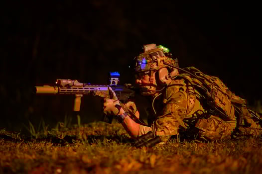Soldiers in camouflage uniforms aiming with their riflesready to fire during Military Operation at night soldiers training in a military operation photo