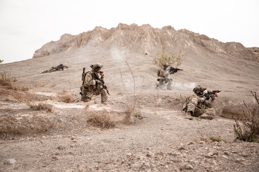Soldiers in camouflage uniforms aiming with their rifles ready to fire during military operation in the desert soldiers training in a military operation photo