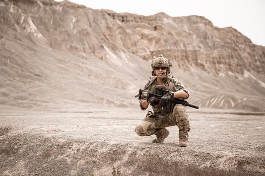 Soldiers in camouflage uniforms aiming with their riflesready to fire during military operation in the desert soldiers training in a military operation photo