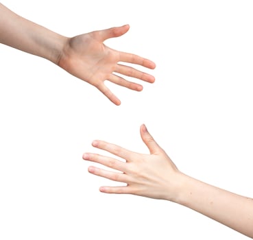 Female hand gestures, white background. Palm and fingers in dorsal view, showing signs, nonverbal photo