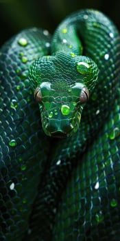 Coiled green snake with raindrops on its skin photo