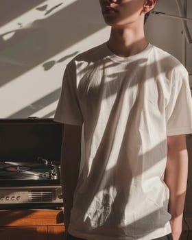 Young Adult man model in Blank white T Shirt for design mockup photo