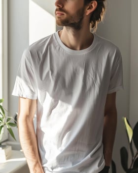 Young Adult man model in Blank white T Shirt for design mockup photo