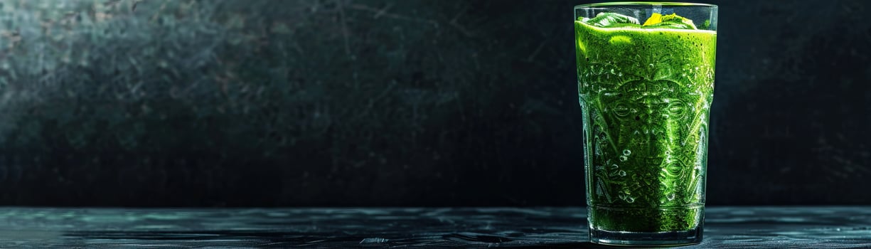 A glass of healthy green smoothie on a dark background photo