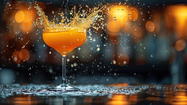 A martini glass with a splash of orange liquid on a wet surface against a blurry background of orange lights. photo