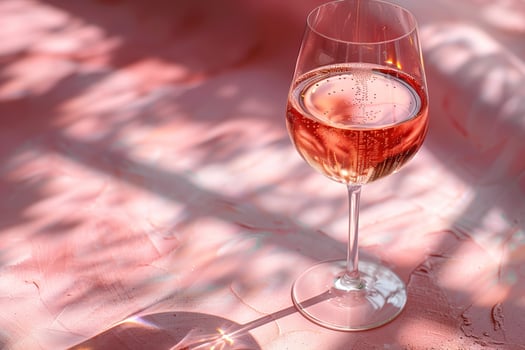 A glass of pink wine on a pink background. photo