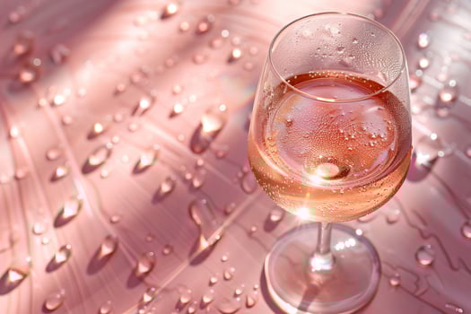 A glass of rose wine on a pink background with water drops. photo
