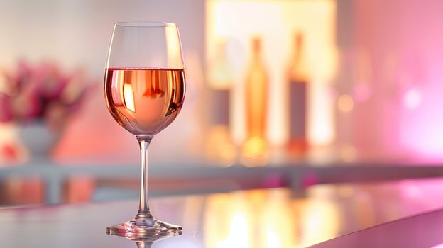 Elegant wine glass on bar counter in blurred pink restaurant interior with bokeh lights. photo