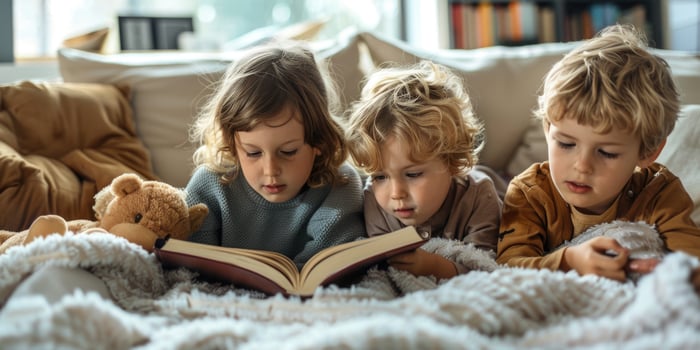 Cute children reading a book and smiling while sitting on a sofa in the room. photo