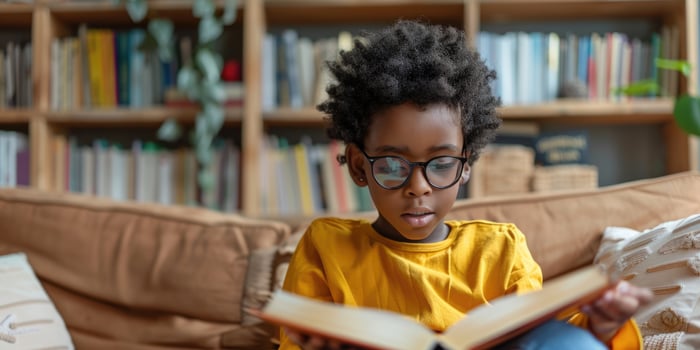 Cute boy reading a book and smiling while sitting on a sofa in the room. photo