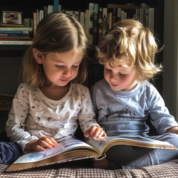 Cute children reading a book and smiling while sitting on a sofa in the room. photo