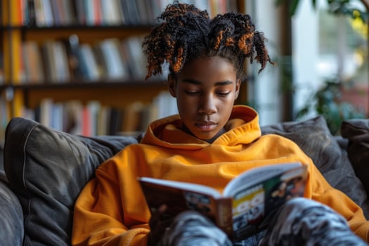 teen boy reading a book at home. photo