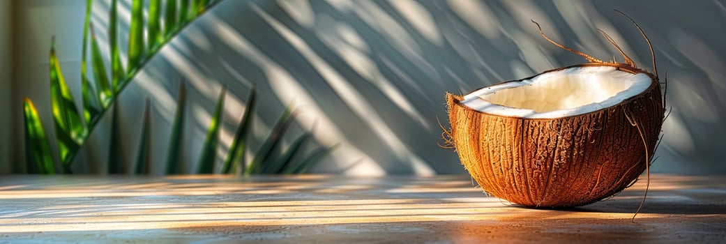Coconut on the table with palm leaves in the background photo