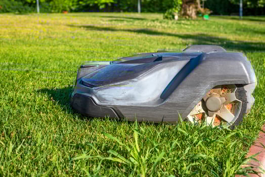 Lawn robot mows the lawn. Robotic Lawn Mower cutting grass photo