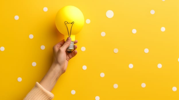Hand Holding Light Bulb Balloon on Polka Dot Background photo