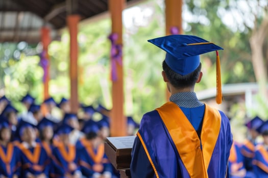 A man in a black graduation robe stands in front of a microphone photo