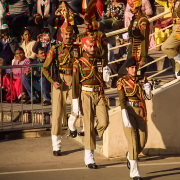 Wagah Border, Amritsar, Punjab, India, 02 February 2024 - Flag ceremony by Border Security Force BSF guards at India-Pakistan border near Attari Amritsar, Punjab, India held every day evening time photo