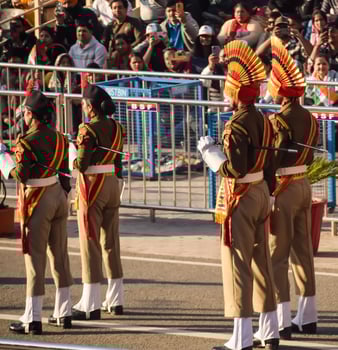 Wagah Border, Amritsar, Punjab, India, 02 February 2024 - Flag ceremony by Border Security Force BSF guards at India-Pakistan border near Attari Amritsar, Punjab, India held every day evening time photo