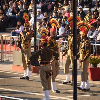 Wagah Border, Amritsar, Punjab, India, 02 February 2024 - Flag ceremony by Border Security Force BSF guards at India-Pakistan border near Attari Amritsar, Punjab, India held every day evening time photo