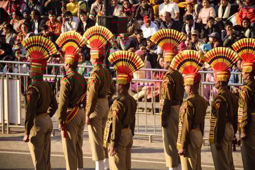 Wagah Border, Amritsar, Punjab, India, 02 February 2024 - Flag ceremony by Border Security Force BSF guards at India-Pakistan border near Attari Amritsar, Punjab, India held every day evening time photo