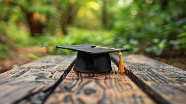 Blue Graduation Cap on Wooden Table photo