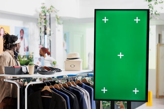 Digital board with green screen for clothes brand promotion mock up in shopping center. Smart display with chroma key for apparel new collection advertisement in fashion boutique photo