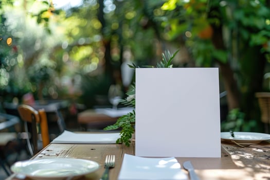 Blank menu or invite standing on wooden table in outdoor garden restaurant setting with natural green background. For food and beverage marketing or design with place for text. Ai generation photo