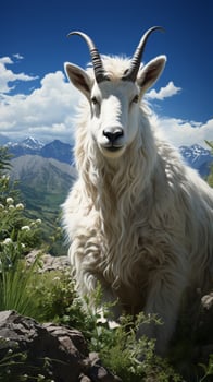 Mountain goat with big horn and white fur animal forest habitat photo