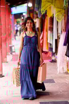 Sexy Blonde Woman Summer Dress Posing Outdoor With Shopping Bags photo