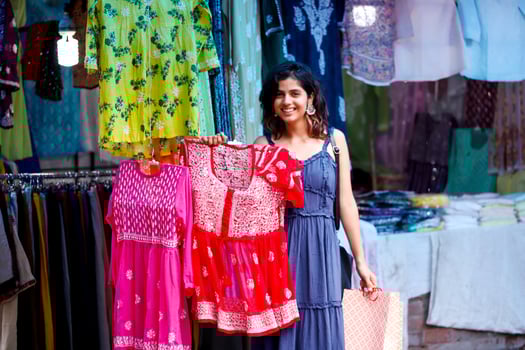 Super Sexy Woman Posing With Red Colour Lakhnavi Kurti At Outdoor Market photo