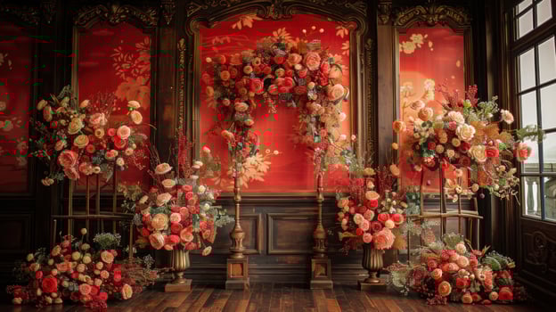 The wedding background and room for studio photos are filled with beautiful flower decorations